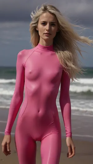 28 years old adult woman, long and very skinny, lithuanian beauty, long white messy hair waving in wind, tight pink wetsuit with cameltoe and nipples, full length, looking at the viewer, brunette sexy, NWS_ORPS1