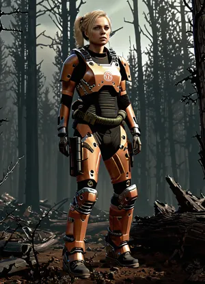 Modern colored pencil sketch {, (full body:1.5), ((Post-apocalyptic dead forest)), (female inventor:1.3), (in exoskeleton:1.7), blonde, pigtails, armor, rifle, cyber decorations on face, ((determined expression:1.1)), (realistic details:1.2), highly detailed, skin texture, fabric texture, metal texture, volumetric lighting, bright lighting, dead forest, cinematic lighting, (rendered in Octane:1.1), Unreal Engine 5, 8k, photorealistic, high quality, (photography:1.1), }, contrast, tone, texture, details, stylish, elegant