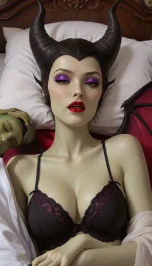 (disney, (sleeping beauty)), maleficent, 1girl, black eyes, black lingerie, breasts, cleavage, colored sclera, colored skin, demon wings, eyeshadow, (green skin:1), horns, lipstick, looking at viewer, makeup, nail polish, open mouth, purple eyeshadow, red lips, wings, yellow sclera
