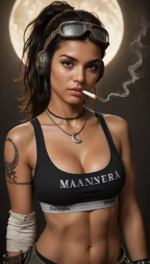 1girl, abs, arm tattoo, baghera, (sangria project), bandaged fingers, bandages, black hair, bracelet, breasts, brown eyes, cigarette, cleavage, clothes writing, collar, crescent moon, (dark skin:1.6), dark-skinned female, dieselpunk, ear protection, elbow pads, eyelashes, goggles, goggles on head, head tilt, helmet, jewelry, lips, maku zoku, medium breasts, moon, necklace, night, ponytail, ring, scar, scar on stomach, smoking, solo, spiked bracelet, spikes, sports bra, steampunk, tattoo, thick eyebrows, tooth necklace, <lora:750873_training_data:.8>