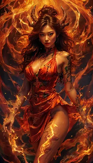 (gorgeous Japanese woman:1.8), masterpiece, Full body in view, Uber realistic, Sharp image, perfect illumination, (best shadow), 8K, UHD, (best illumination), ultra-detailed, fine detail, highres, 8k wallpaper, high definition, (skinny with round perky breasts), Japanese, (30 years old), highly detailed face, tanned skin, (wearing only red silk dress, lift dress, deep neckline at the hip), (huge erect nipples), (realistic 5 fingers), (tattoo, tattoos on face), ((demon twisted horns)), ((dark green fire background)), demonic, veins, organic, human on fire, fire, looks, like..., but, braless, Wearing, clothes, that, make, sense, with, Braless>, <lora:Aether_Fire_v1_SDXL_LoRA:.4>, <lora:MJ52:2>, <lora:add-detail-xl:2>, <lora:BUT_SDXL_SHS:.3>, <lora:bralessSDXL_v1_00022:1.4>