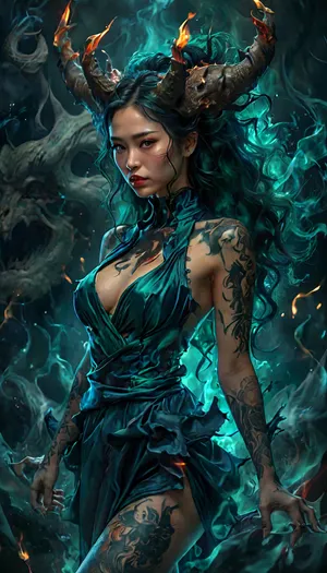 (gorgeous Japanese woman), masterpiece, Full body in view, Uber realistic, Sharp image, perfect illumination, (best shadow), 8K, UHD, (best illumination), ultra-detailed, fine detail, highres, 8k wallpaper, high definition, (skinny with round perky breasts), Japanese, (30 years old), highly detailed face, tanned skin, (wearing only navy blue silk dress, lift dress, deep neckline at the hip), (huge erect nipples), (realistic 5 fingers), (tattoo, tattoos on face), ((demon twisted horns)), (dark green flame background), demonic, veins, organic, human on fire, fire, looks, like..., but, braless, Wearing, clothes, that, make, sense, with, Braless>, <lora:Aether_Fire_v1_SDXL_LoRA:.4>, <lora:MJ52:2>, <lora:add-detail-xl:2>, <lora:BUT_SDXL_SHS:.3>, <lora:bralessSDXL_v1_00022:1.4>