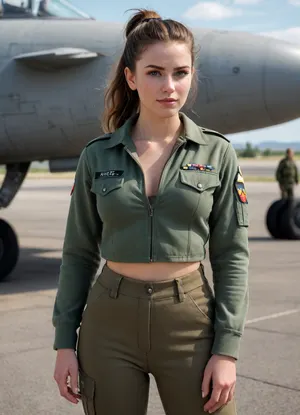Vintage military airfield scenery, 18 years old young adult military girl, innocent, aroused, waist, eye contact, cute tall tall large butt, brunette, numerous freckles, nervous smile, best quality, photorealism, masterpiece, ice blue eyes, straight hairbun, full body view, messy pubic fleece, very large and dark furry pubic hair, military green battledress jacket opened to show large cleavage, tight army cargo pants, cleavage, necklace, earrings