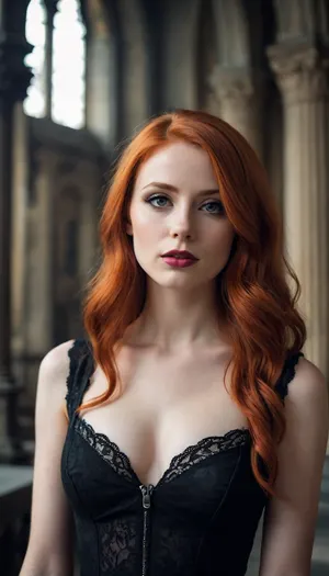 Beautiful sexy and slender 24 year old redhead woman in gothic style.