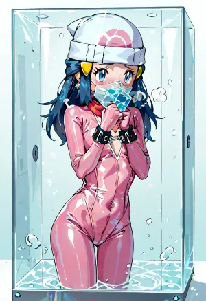 dawn_\, (pokemon\), <lora:dawn_(pokemon)_v3:.8>, Enclosed in transparent vacuum cube, latex bodysuit stretched against suction, machine ports inserted at crotch and chest, breathing mask gag covering mouth and nose, restrained body silhouette pressed inside cube