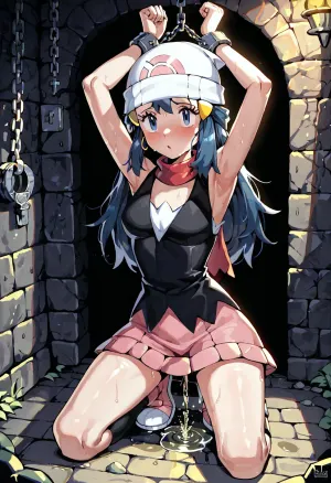 dawn_\, (pokemon\), <lora:dawn_(pokemon)_v3:.8>, A girl, the girl is kneeing inside a sewer like dungeon, whole body chained up, cross bound, basement sewer dungeon, dark dim light