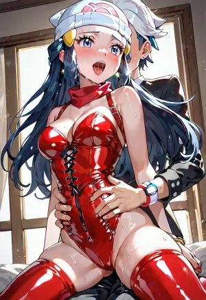 dawn_\, (pokemon\), <lora:dawn_(pokemon)_v3:.8>, Riding him in cowgirl, red latex corset clinging to waist, stockings rolled halfway down thighs. Eyes locked down at him, mouth open in glossy crimson moan, sweat shining on flushed cheeks