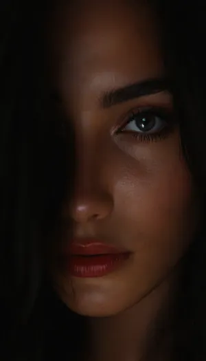ziprealism, (30yo, sensual noir esthetic, stunning noir woman, offset composition), (f/2.8, shallow depth of field), (closeup shot, lips focus:1.2), (glossy black hair, dark full eyebrows:1.4), (loose hair obscuring face, loose hair hiding eye:1.8), (full lips, soft pillowed lips, moist glossy lips, natural skin texture, flawless pale skin:1.4), igbaddie, (dark scene, chiaroscuro, black background:1.8), <lora:style_lora_realis:.4>, <lora:igbaddie-XL:.4>, <lora:zavy-cntrst-sdxl:1.2>
