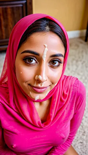 3/4 body shot of beautiful happy arab woman wearing pink hijab with cum on her forehead, hijab covers her hair, shy Muslim, brown skin, (((The woman's face is covered with cum))), (((cumshot on tits))), facial, ((huge tits:1.3)), beautiful smile, View from above, long brown hair, (((big eyes, brown wide eyes))), <lora:Facials:.5>