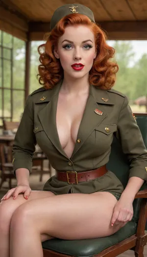 A pin-up style picture of a young redhead woman with a mid-20th century retro aesthetic posing nude. She wears a military jacket with a large cleavage, She is sitting in a camp chair, making eye contact with the viewer, her mouth is open, She has large expressive eyes, soft curly hair in a 1950s hairstyle, she has very large natural breasts with a realistic sag, a beautiful face, perfect hands, perfect fingers, The background is a military old time weapons workshop. The lighting is soft and flattering, highlighting the women's features without harsh shadows. lifelike, high detail, sharp focus, vibrant colors, warm lighting, soft glow, full-shot portrait, professional studio quality. Picture is rendered in traditional pin-up painting style, (like Gil Elvgren), with warm tones and gentle shading, style of Art Frahm