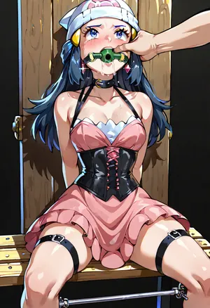 dawn_\, (pokemon\), <lora:dawn_(pokemon)_v3:.8>, Strapped over punishment bench, corset dress squeezing waist, spreader bar keeping legs apart, wrists bound forward to frame, head pulled back with bit gag strap