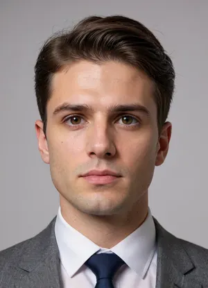 White background, empty photostudio, Uber realistic, photo for password, 30 yr old the man is dressed in a business suit, face triangle, head short hair, Her hair is combed to the right, Man looks at cam. all faces visible, men serious, men, (Closeup:1.2)
