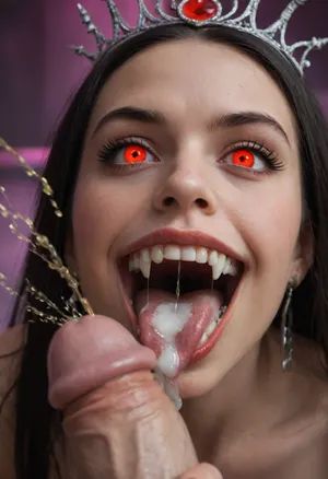 hyper detailed hyper realistic natural petite cutie, 22 years old beautiful vampire queen, (very slim), nightclub, very detailed face, white teeth, white vampire teeth, vampire fangs, pale woman with black hair, Vampire Queen sucks penis, crazy evil face, close up, red eyes, shining red eyes, creepy red glowing eyes, (((very long vampiric fangs))), crazy laugh, crazy face, luxurious tiara in the style of dark fantasy, Vampire fangs, symmetrical epic fantasy art, dark fantasy, big mouth, Wide open mouth, purple lights, neon, colorful, high detail, impeccable image quality, Evil laugh, evil grin, raised eyebrows, ultrarealism, cockbiting, a lot of cum, facial, mouth full of cum, biting shaft, vampirebiting, 1girl, (big penis pissing in mouth:1.6), hetero, 1boy, fellatio, oral, solo, focus, pov, fangs, cum, sperm, huge cum, lot of cum on body, cum on here, Pale skin, almost white skin, red cheeks, very pale skin
