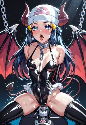 dawn_\, (pokemon\), <lora:dawn_(pokemon)_v3:.8>, Bound in chains at gothic altar, dressed in latex succubus outfit with horns and tail, fucking machine thrusting mercilessly as wings pinned. Eyes glowing in lustful torment, mouth open in wicked scream