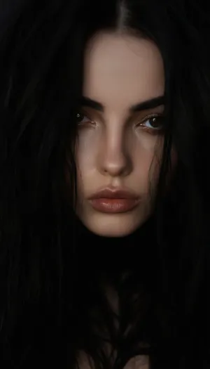 ziprealism, (sensual goth esthetic, stunning Gothic woman:1.8), (f/2.8, shallow depth of field), (closeup shot, lips focus:1.2), (glossy black hair, dark full eyebrows:1.4), (loosely falling hair, loose hair obscuring face, loose hair hiding eye:1.8), (full lips, soft pillowed lips, moist glossy lips, natural skin texture, flawless pale skin:1.4), (huge breasts, large soft breasts:1.8), igbaddie, (dark scene, chiaroscuro, black background:1.6), <lora:style_lora_realis:.4>, <lora:igbaddie-XL:.4>, <lora:zavy-cntrst-sdxl:1.2>