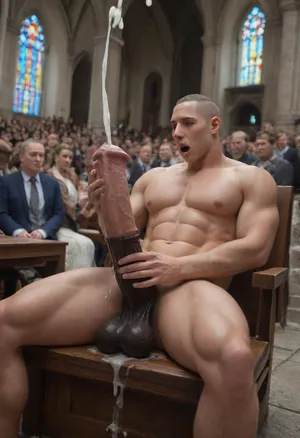 Muscular masculine Black Man during a wedding, dark skin, shaved head, nude, sitting in a crowded church, leaning back, head tilting back, masturbating, holding his thick hard veiny long equine cock, massive cock, dripping cum, people watching, audience, cum squirting, aerial cumshot, open mouth orgasm face, clothed people shocked watching, public, screaming, eyes closed, several watching in shock, close up, people crowd cheering, 4k anal