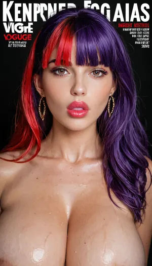 a rebellious beautiful fun flirty 25 year old woman, featured on artgerm, Victorias Secret model, vogue magazine cover, bill lowe gallery, luxury, sun, drenched, naturalistic, perfect human female specimen, idealised, light skin, hyper, realist, reminescent of a barbie doll, ((massive perfect breasts:1.1)), (((long purple hair with red highlights, fringe))), (((very full lips))), aidmaRealisticPeoplePhotograph., raw, lighting, overexposed, harsh, flash, <lora:SDXLHighDetail_v6-000005:.8>, <lora:Rawfully Stylish v0.2_epoch_20:.8>, "BIG TITS