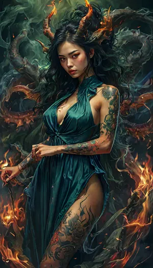 (gorgeous Japanese woman), masterpiece, Full body in view, Uber realistic, Sharp image, perfect illumination, (best shadow), 8K, UHD, (best illumination), ultra-detailed, fine detail, highres, 8k wallpaper, high definition, (skinny with round perky breasts), Japanese, (30 years old), highly detailed face, tanned skin, (wearing only navy blue silk dress, lift dress, deep neckline at the hip), (huge erect nipples), (realistic 5 fingers), (tattoo, tattoos on face), ((demon twisted horns)), (dark green flame background), demonic, veins, organic, human on fire, fire, looks, like..., but, braless, Wearing, clothes, that, make, sense, with, Braless>, <lora:Aether_Fire_v1_SDXL_LoRA:.4>, <lora:MJ52:2>, <lora:add-detail-xl:2>, <lora:BUT_SDXL_SHS:.3>, <lora:bralessSDXL_v1_00022:1.4>