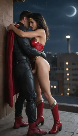Wonder Woman, red boots, red top, bottomless, standing sex, Batman, batsuit, large thick penis, super veiny penis, night, rooftop