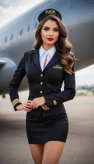 Close up, 32k image. Ultra realistic, woman, Beautiful spanish air hostess instagram model standing outside by a plane, long wavy hair, (((sexy tight black Satin air hostess costume))), ((((('Fuck Airways' written on uniform))))), logo, text, sign, that, says, the, word, <lora:texta:2>