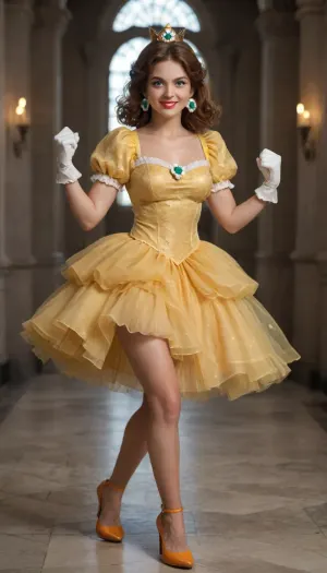 princess daisy as black woman, smiling, dark skin, blue eyes, red lipstick, long eyelashes, shoulder length curly brunette hair, parted bangs, long yellow ball gown with puffy sleeves, white gloves, orange heels, gold crown, full body view, fist pump, leg kick, castle, inside, super mario style