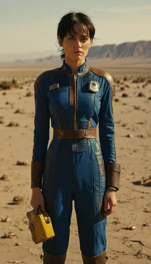 short black hair, in post nuclear desert, woman short unbuttoned nylon fully blue work jumpsuit, leather shoulder pads, 13 yellow number on the back, leather belt, combat boots, ((show nipples)), raw, Portrait, professional, color, grading, Lucy, FalloutCinematic, wearing, a, Vault, Suit, with, Leather, Armor, and, PipBoy, on, her, wrist, his, <lora:MJ52:2>, <lora:208210_training_data:2>, <lora:Lucy:.8>, <lora:FalloutCinematic:.8>, <lora:312968_training_data:.8>