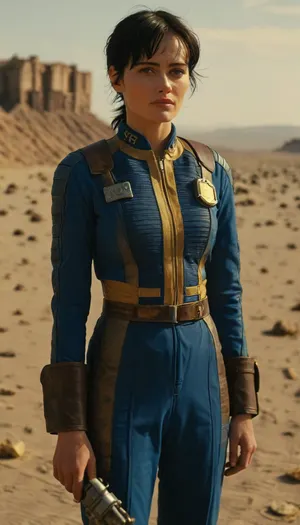 short black hair, in post nuclear desert, woman short unbuttoned nylon fully blue work jumpsuit, leather shoulder pads, 13 yellow number on the back, leather belt, combat boots, ((show nipples)), raw, Portrait, professional, color, grading, Lucy, FalloutCinematic, wearing, a, Vault, Suit, with, Leather, Armor, and, PipBoy, on, her, wrist, his, <lora:MJ52:2>, <lora:208210_training_data:2>, <lora:Lucy:.8>, <lora:FalloutCinematic:.8>, <lora:312968_training_data:.8>