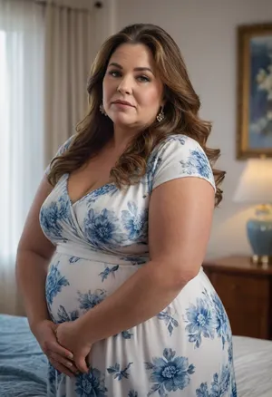 Obese mature woman, long brown hair with highlights, mature fat ssbbw milf, fat, bbw, big ass, 65 years old, blue floral print white dress, earrings, backgroung of a room, highres, extremely detailed, 8k photo, best quality, beautiful lighting, natural light, realistic, erotic, photorealistic, photo, photography, detailed, in focus, UHD 8k focus stacking, <lora:cockteaseLoRASDXL:1.1>