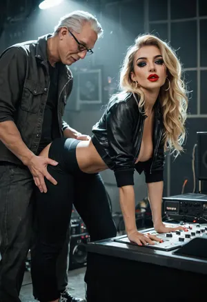 (A very old radio host fucks with a woman), petite figure, B-cup breasts, long face, black eyeliner, full slightly red lips, subtle mascara, long blonde hair, wearing a modern street-style outfit with a cropped jacket, loose fabric pants, and ankle shoes, (very old man with weathered features, long penis), (Vaginal sex, doggy-style position, standing sex, handjob, massive cumshot), Recording studio setting, modern audio equipment, microphones, soundproof foam walls, mixing console in the background, dim ambient lighting with a soft glow from studio monitors, scattered vinyl records, and a cozy yet professional atmosphere, Photorealistic style, ultra-detailed, 8k resolution, cinematic lighting, high contrast, realistic skin textures, detailed facial expressions, subtle bokeh effects, dynamic composition, candid voyeuristic perspective, timestamp in corner