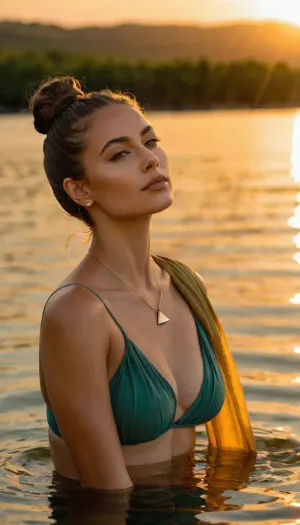 Young adult woman, light-skinned, with brown hair styled in a high bun, posing in a shallow body of water. She is wearing a taupe-colored, triangle-top bikini with thin, criss-cross straps, and a silver pendant necklace. Her expression is serene and contemplative, gazing upward. She appears relaxed and at ease, her body posture casual, leaning slightly. The water is calm, reflecting the soft sunlight, and a shoreline is visible in the background. The light is golden hour, creating a warm and inviting atmosphere. Colors are natural tones of taupe, brown, and various shades of teal and olive-green. The texture of the water is rippled and slightly blurred, while the woman's skin has a smooth, sun-kissed appearance. The composition is centered on the woman, with the water and background acting as a soft backdrop. The mood is peaceful and vacation-like. The perspective is mid-range, from a slightly low-angle. The style is contemporary and minimalist.