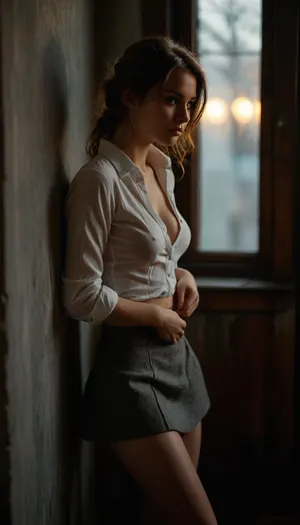 In a modern loft, professional photography, high quality, artistic, soft, chiaroscuro, very contrasting light, romantic atmosphere, artistic composition, (in a dark corner), wonderful 25 year old woman, sexy, no panties, full body, grey tweed skirt, (unbuttoned white shirt), pantyhose, (((show nipples))), shy, ((upskirt)), watching at us with serenity, (back view), perfect eyes, raw, <lora:MJ52:2>, <lora:255596_training_data:.8>, <lora:580159_training_data:.8>