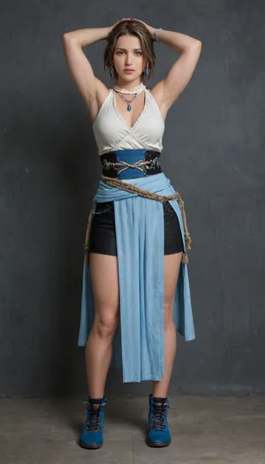 (Yuna, Summoner Dress, (Final Fantasy X, 2001), Design a costume for Yuna, a white sleeveless top with a blue pleated skirt, paired with black shorts. Include a long floral sash belt, blue shoes, and a beaded hairpiece., (Physique), detail face, large bust, curvy physique, (Background), simple plain wall, (Expression), standing straight in a sexy way, hands over her head, (view), front-straight view, (Image quality), 8k resolution, high definition, ultra high clarity.)