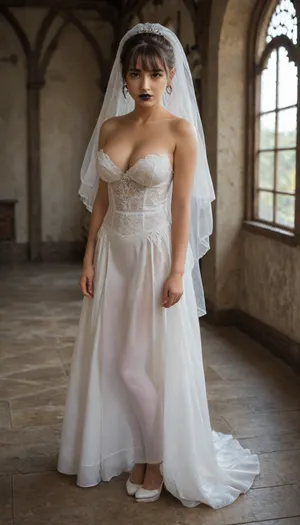 Full-length photo, young pretty girl, 18 y.o., ponytail with bangs, brunette hair, brown eyes, thai roots, black lipstick, purple eyeshadow, petite, slim, ((olive skin)), tight big breasts, bushy pubic hair, innocent, shy, submissive, posing like a porn star, white Bridal dress, white Bridal veil, white stocking, white heels, gothic mansion hall, <lora:681678_training_data:.8>, <lora:Bridal_XL:.8>