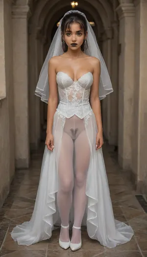 Full-length photo, young pretty girl, 18 y.o., ponytail with bangs, brunette hair, brown eyes, thai roots, black lipstick, purple eyeshadow, petite, slim, ((olive skin)), tight big breasts, bushy pubic hair, innocent, shy, submissive, posing like a porn star, white Bridal dress, white Bridal veil, white stocking, white heels, gothic mansion hall, <lora:681678_training_data:.8>, <lora:Bridal_XL:.8>
