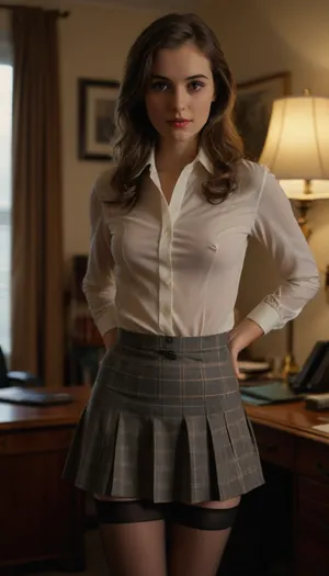 25 year old secretary, in office, plaid skirt, pulling down panties, panties down, down pantyhose, we are seeing her panties, showing panties, (((lifting skirt))), taking off skirt, caressing her legs, showing nipples, show stockings, show suspender belt, great, lighting, undressing, skirt, lift, <lora:Realism_Lora_By_Stable_yogi_SDXL8.1:.8>, <lora:MJ52:.8>
