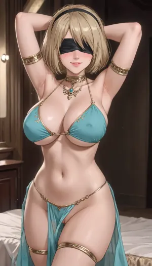 strong blush, 2b, nier automata, black micro belly dancer outfit, pussy visible, blindfold, without panties, massive breasts, milf, dancing, horny smile, ((Hentai)), <lora:outline_xl_kohaku_delta_spv5x:1.6>, <lora:NEOTOKIOXL_0.2_RC:.7>, <lora:Ppolar-P3v1-NbVp10:1.6>, <lora:cartoon_stickers_xl_v1:1.2>, <lora:EnvyBeautyMixXL01:.8>