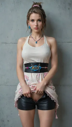 (Yuna, Summoner Dress, (Final Fantasy X, 2001), Design a costume for Yuna, a white sleeveless top with a blue pleated skirt, paired with black shorts. Include a long floral sash belt, and a beaded hairpiece., (Physique), detail face, large bust, curvy physique, (Background), simple plain wall, (Expression), standing straight in a sexy way, (view), front-straight view, (Image quality), 8k resolution, high definition, ultra high clarity.), her hands lifting her skirt, pussy visible, shorts pulled down, panty pulled down till mid thighs.