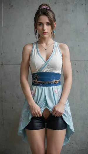 (Yuna, Summoner Dress, (Final Fantasy X, 2001), Design a costume for Yuna, a white sleeveless top with a blue pleated skirt, paired with black shorts. Include a long floral sash belt, and a beaded hairpiece., (Physique), detail face, large bust, curvy physique, (Background), simple plain wall, (Expression), standing straight in a sexy way, (view), front-straight view, (Image quality), 8k resolution, high definition, ultra high clarity.), her hands lifting up her skirt, pussy visible, groin visible, shorts pulled down till her knees, panty pulled down till mid thighs.