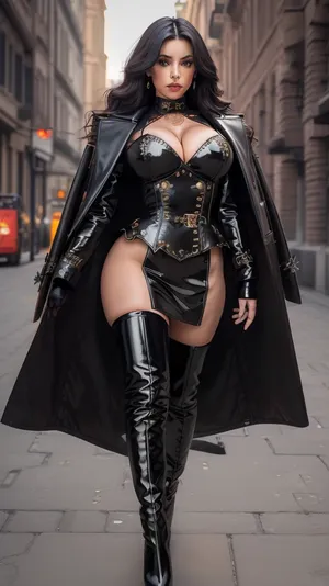 masterpiece, detailed, highres, best quality, 8k, Leather Trenchcoat, Vinyl-pvc overknee boots, large breasts, curve body, BBW, small waist, large hips, full body shot, long wavy black hair, detailed skin, large natural breasts, huge breasts, (leather, peplum), (onyx, midnight-black, dress), (double-breasted, coat), (applique:1.2), coat, on, shoulders, jacket, <lora:COS1:.8>