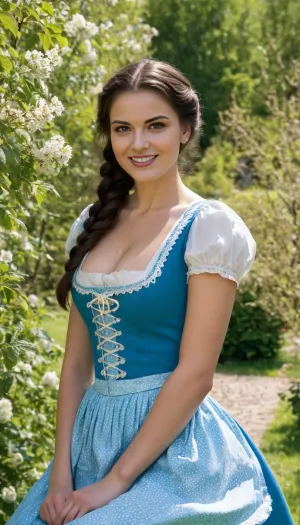 (high quality photographie), (detailed eyes), (detailed skin), (ultra sharp), one only beautiful tall 20yo woman, long dark hair, artfull pinned up hair, in blue traditional austrian dirndl dress, in the garden, sunny day, spring, no makeup, smiling, full body view