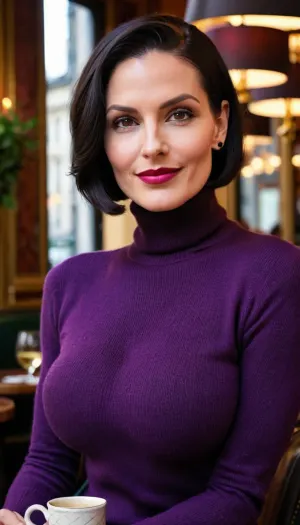 Closeup POV photo of 25 years old woman, (((busty skinny milf))), beautiful, fit, ((slim)), skinny, (((big tits busty))), (((very short dark brunette black bob hair slicked back))), (((purple turtleneck wool sweater))), tight wasp waist, hourglass figure, red carpet photo backdrop, big sexy smile showing teeth, beautiful detailed eyes, depth blur, key visual, vibrant, highly detailed, early morning light, golden hour, in Paris France bistro restaurant cafe, on a date, at a table, glass of wine, <lora:bombshell_v2:1.4>