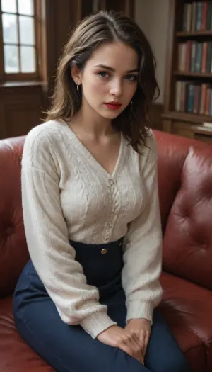 brunette, black eyes, medium natural breasts, white cardigan sweater, dark blue skirt, red lipstick, sitting on red couch inside library