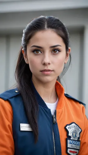 This is a great picture. The girl has black hair and orange eyes. She has a blue jacket and a police uniform. She also has long hair in a ponytail. She is looking at the viewer. The background is simple and white.