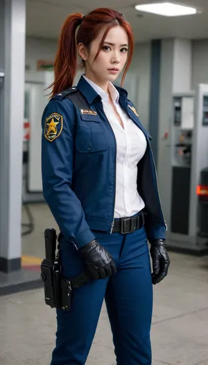 masterpiece, best quality, amazing quality, zhu yuan, black hair, orange eyes, red hair, multicolored hair, streaked hair, long hair, ponytail, ahoge, hair between the eyes, mature woman, bare chest, blue jacket, police, policewoman, police uniform, high-top trousers waist and robotic guards, shoulder pads, front belt with a star-shaped symbol, checkered tie, black gloves, police badge, uniform, black shoes, bracers, white shirt, long sleeve, gas station, pumps, car, fuel, headlights, cowboy shot, solo, looking at the viewer, transparent background, plain background, white background