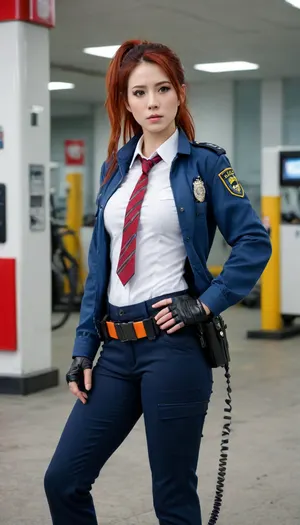 masterpiece, best quality, amazing quality, zhu yuan, black hair, orange eyes, red hair, multicolored hair, streaked hair, long hair, ponytail, ahoge, hair between the eyes, mature woman, bare chest, blue jacket, police, policewoman, police uniform, high-top trousers waist and robotic guards, shoulder pads, front belt with a star-shaped symbol, checkered tie, black gloves, police badge, uniform, black shoes, bracers, white shirt, long sleeve, gas station, pumps, car, fuel, headlights, cowboy shot, solo, looking at the viewer, transparent background, plain background, white background