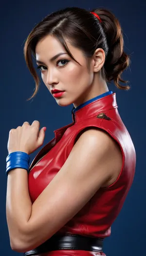 Chun-Li from the Street Fighter universe, a female character, in the style of Artfill Cho + selshading "Neon minimalism" — the image of "Scarlet Impulse", clean makeup with perfect skin, bright scarlet matte lipstick, a leather jacket of rich scarlet color over a white T-shirt, a wide leather belt with a massive buckle, a leather bracelet on her wrist. Close-up, dynamic pose. Color background, deep sapphire blue, sharply contrasting with the main image.