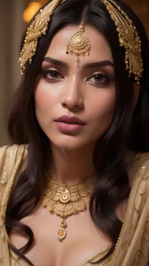 Close up, ((one woman)), ultra realistic, 30 year old indian woman with elegant gold traditional indian facial jewellry and head dress. black satin Bra, bra fuck and cum, small petite slim woman, ((high detailed skin)), ((34c breasts)), 32k uhd, dslr, (highly detailed long flowing wavy hair), highly detailed body, (realistic), insanely detailed, highest quality, horny expression, (looking at viewer), realcumAI, edgJBG_woman, edgJBG_face, edgJBG_body, <lora:edgBondDollLikenessv1:.1>