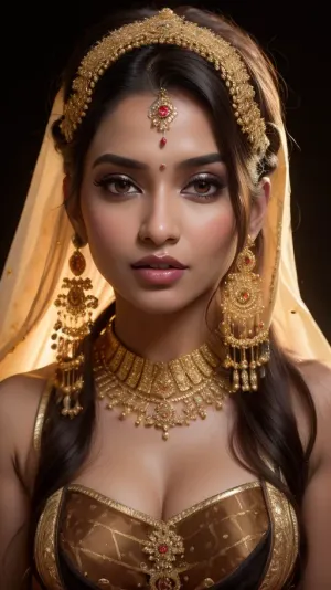 Close up, ((one woman)), ultra realistic, 30 year old indian woman with elegant gold traditional indian facial jewellry and head dress. black satin Bra, bra fuck and cum, small petite slim woman, ((high detailed skin)), ((34c breasts)), 32k uhd, dslr, (highly detailed long flowing wavy hair), highly detailed body, (realistic), insanely detailed, highest quality, horny expression, (looking at viewer), realcumAI, edgJBG_woman, edgJBG_face, edgJBG_body, <lora:edgBondDollLikenessv1:.1>