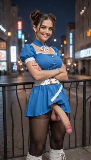 SF2CL, (smirk:1.3), 1girl, hands on hips, hair bun, crossed arms, double bun, blue dress, puffy sleeves, short sleeves, ribbon, white belt, black pantyhose, thick legs, white boots, bracelets, ((city at night:1.3)), detailmaster2, (big penis:1.1), (erect penis:1.5), (masturbation:1.1), (futanari:1.3), (covered in cum:1.1), <lora:194931_training_data:.5>