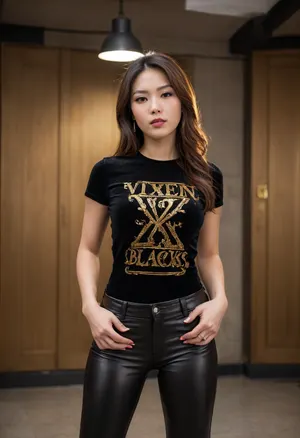 asian girl in a zone no one there, (wearing tight velvet t-shirt with golden writing ' Vixen for Blacks ':1.5), (black leather pants:1.4), big earrings, jewelry, necklace with pendant